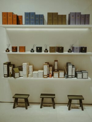 Two shelves with elegantly displayed luxury merchandise, offering ample copy space.
